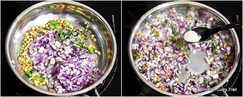 collage of adding onion, curry leaves and salt