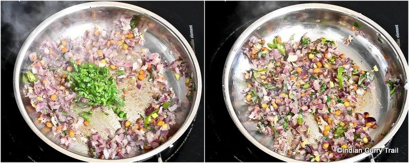 collage of adding coriander leaves and sautéing onion