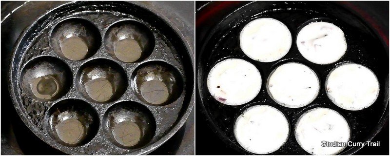 heating the appe pan and filling the mold with batter