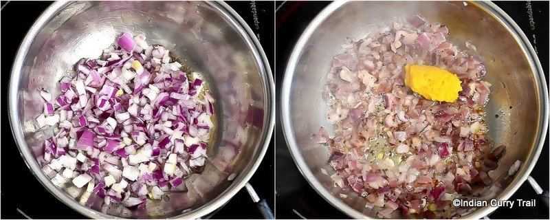 collage of adding onion and ginger garlic paste for sardine curry
