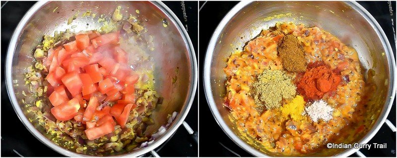 adding tomato and indian masala for sardine curry