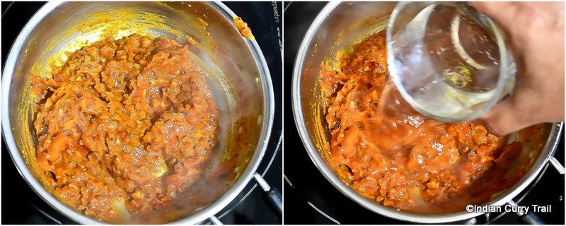 collage of cooking base masala & adding water for sardine curry