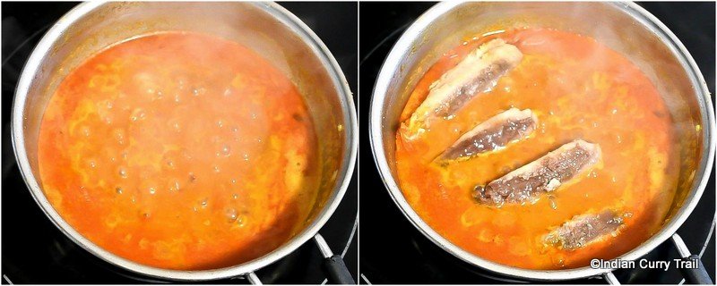 collage shows the curry boiling and the addition of fish