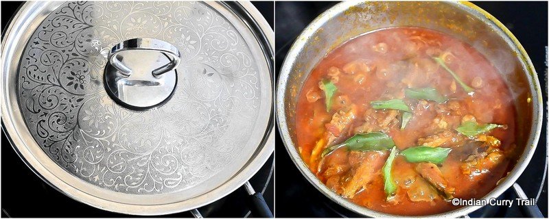 collage shows a sardine curry covered with lid and garnished with fresh curry leaves