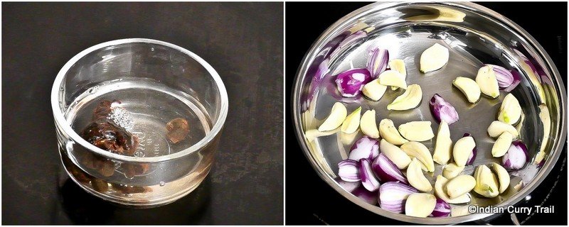collage showing the soaked tamarind and onion and garlic in a saute pan