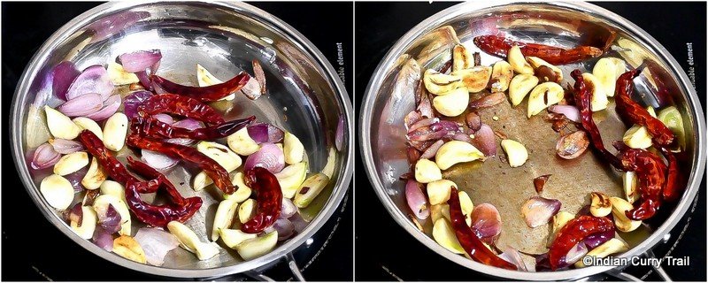 collage showing the addition of dry red chillies and sautéed ingredients