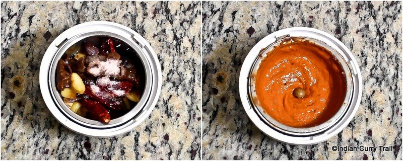 collage of grinding ingredients for poondu chutney