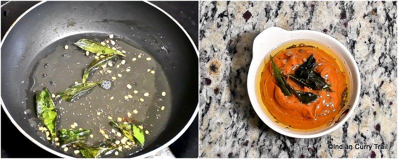 collage of preparing the seasoning for spicy garlic chutney