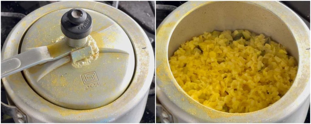 collage of pressure cooking dal and zucchini