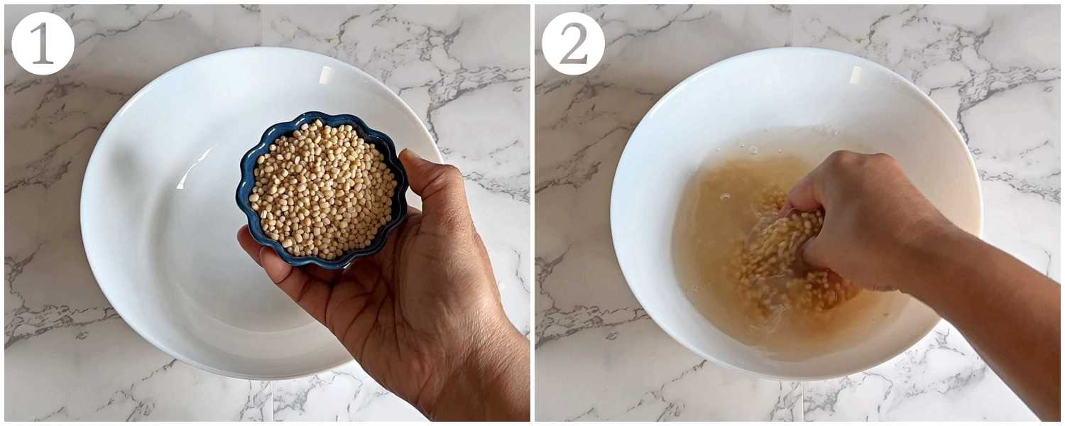 picture showing white urad dal and rinsing process of it