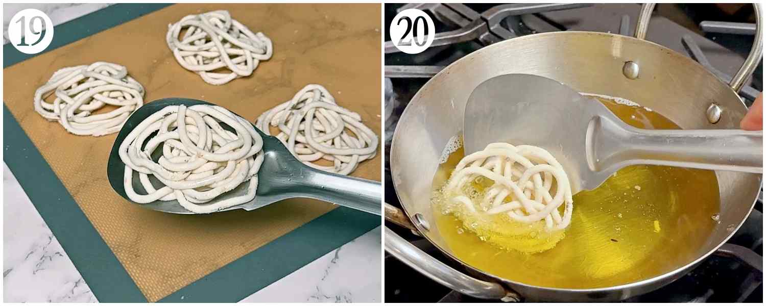 collage picture of transferring uncooked murukku from spatula to hot oil