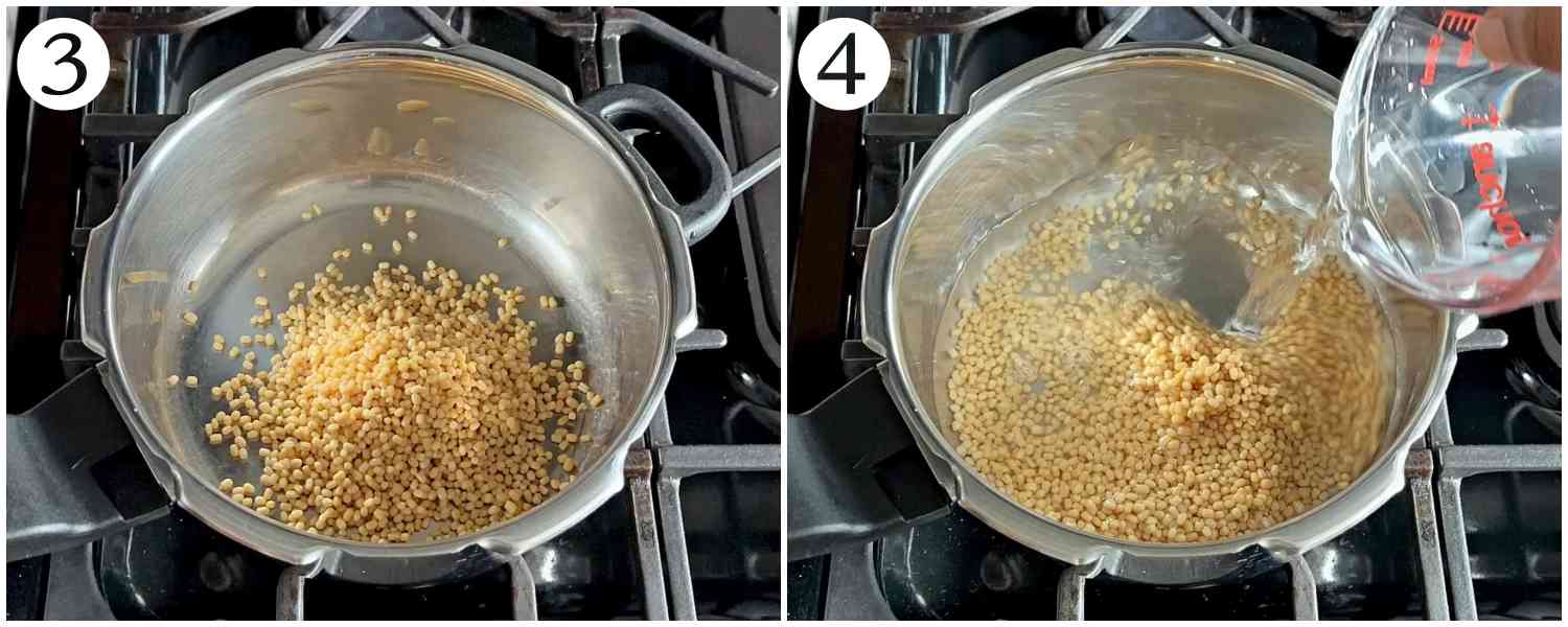 rinsed urad in a pressure cooker and the action of adding water to it
