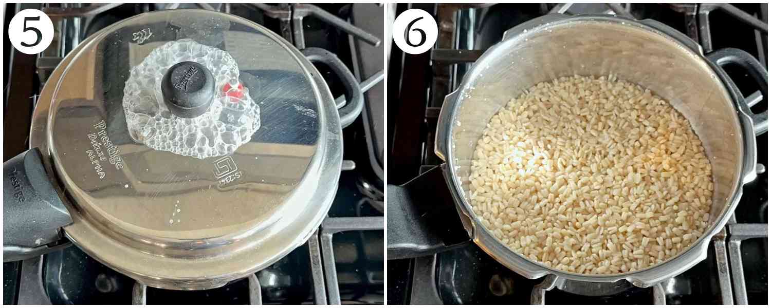 collage of whistling pressure cooker and then cooked urad dal from it