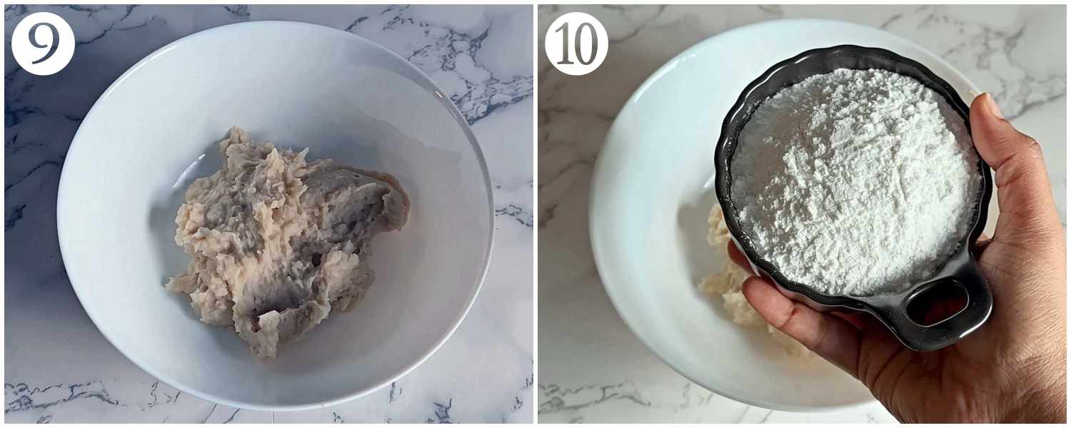 a bowl of urad dal paste and action of adding rice flour to it