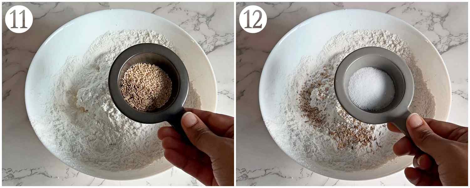 the process shots of adding cumin seeds, sesame seeds and salt