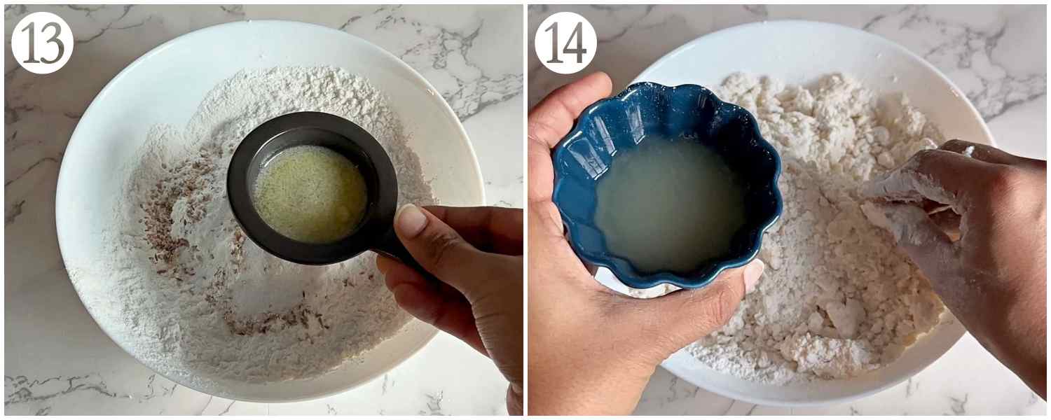 the process shots of adding melted ghee and urad dal cooked water to make dough