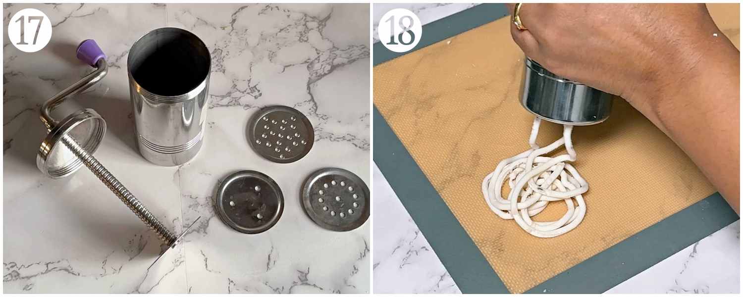 collage showing murukku press and murukku making process