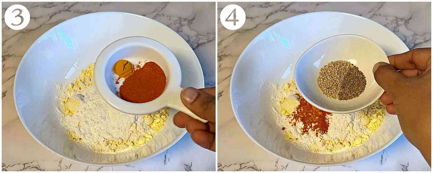 action of adding red chilli powder, turmeric powder, sesame seeds and ajwain seeds