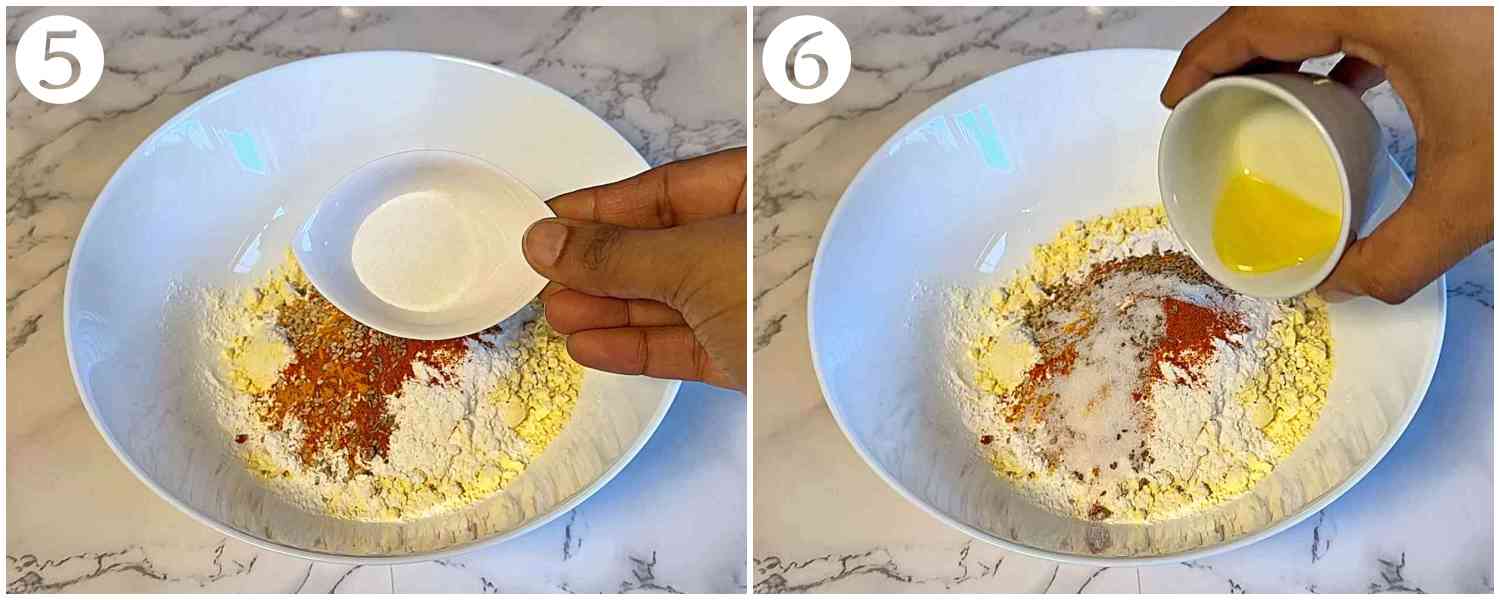 action of adding salt and melted ghee to a bowl.