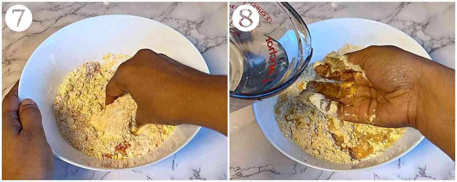 collage showing the mixing ingredients using hand and pouring water to it.