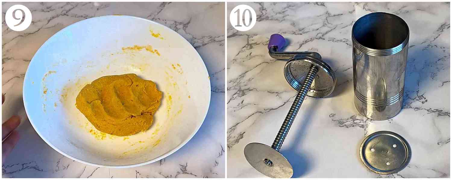 collage showing the murukku dough and a picture of murukku maker.