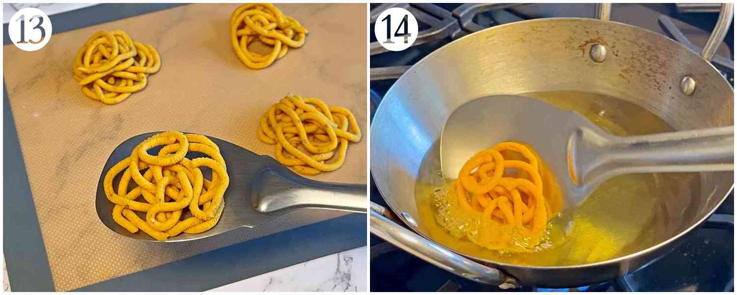 collage showing the process of transferring murukku into a hot oil.