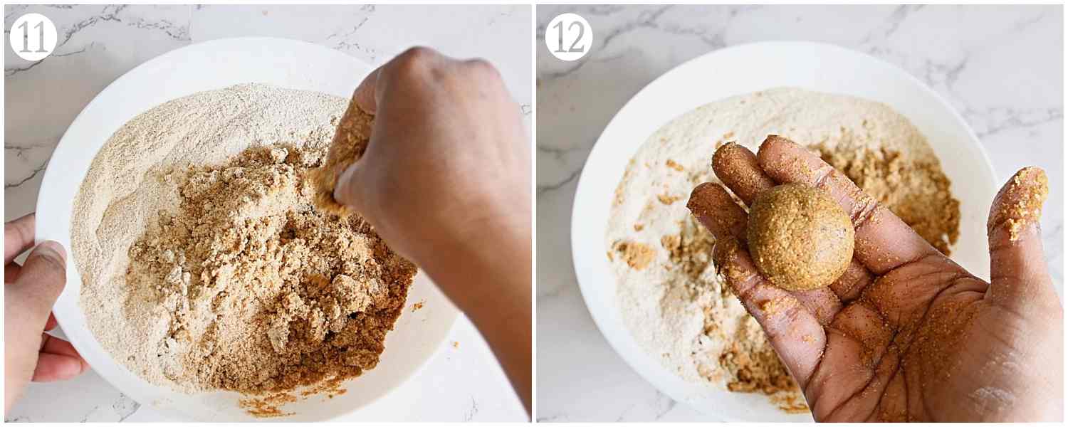 process shots of adding ghee and making laddu out of laddu mix.