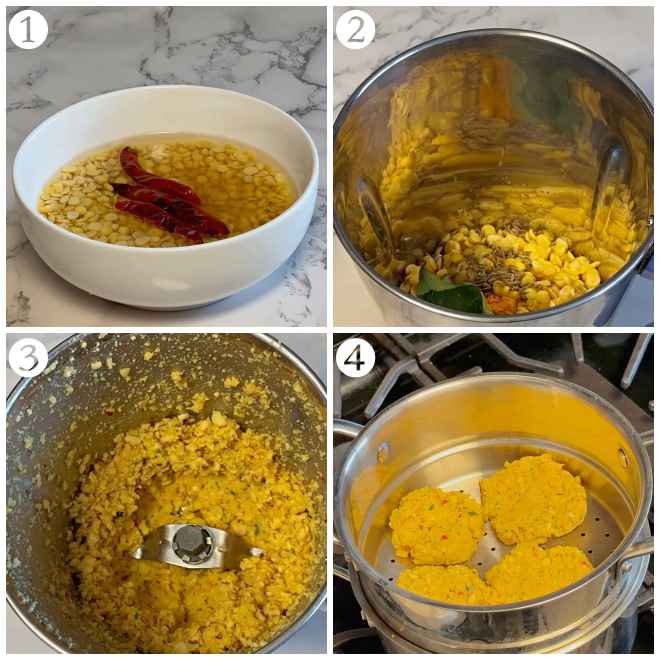 collage of soaked lentils, grinding it with spices and steaming the same as patties in a steamer