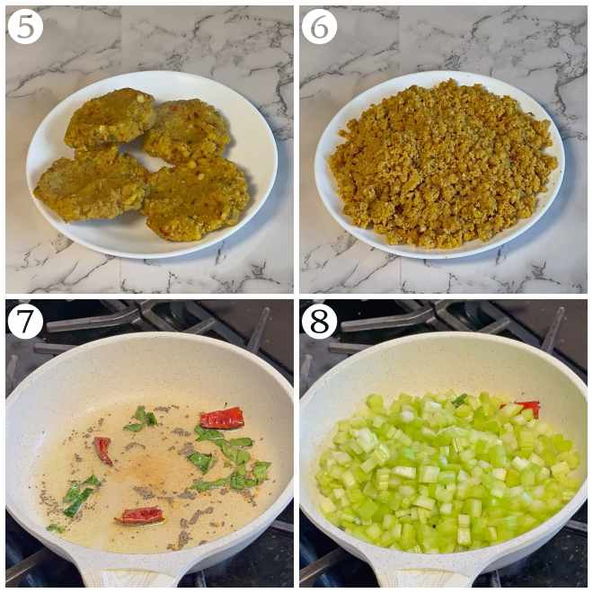 collage shows the steamed patties, crumbled patties, preparation of the seasoning and adding the chopped celery to the seasoning