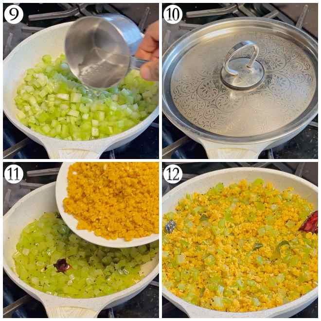 collage shows the picture of adding water to cook celery, the cooking progress, the process of adding dal crumble to celery and mixing it