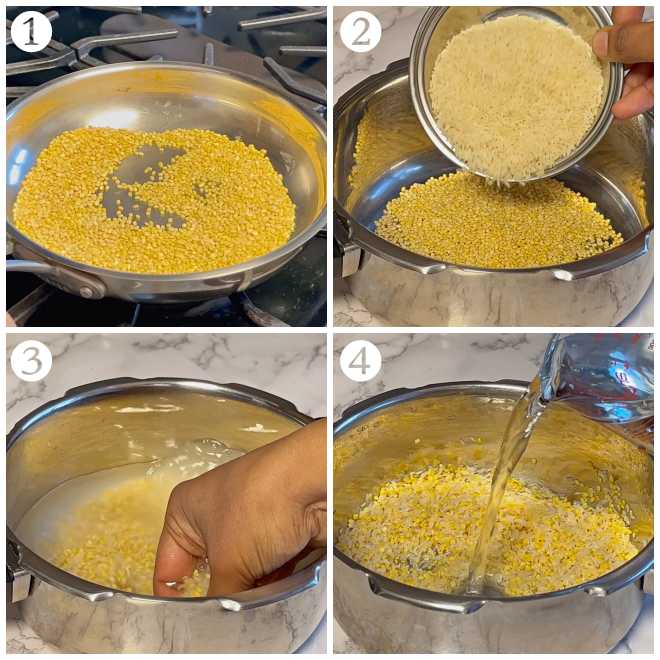 process shots of roasting yellow moongdal, adding it to rice, washing and adding water to rice and dal