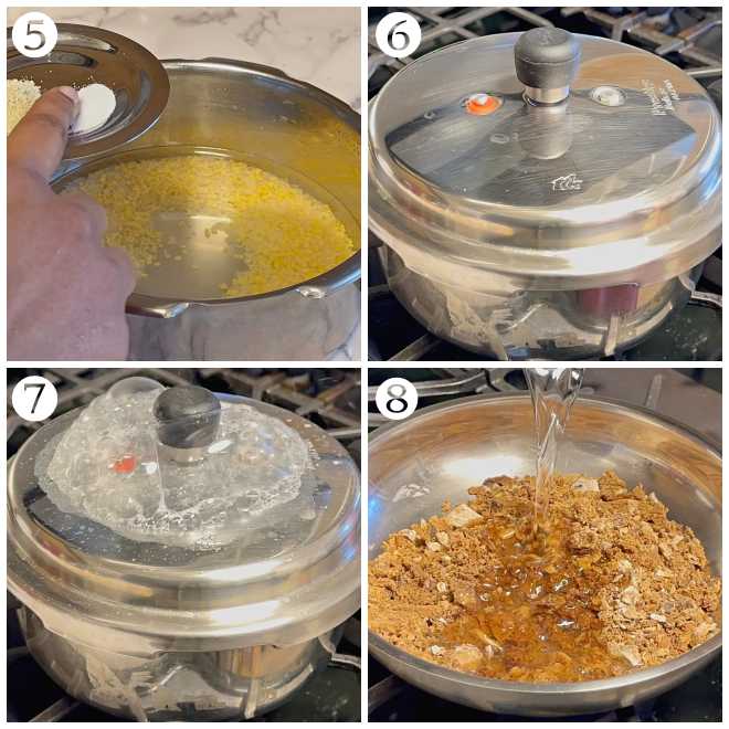 collage showing the cooking rice and dal using pressure cooker and melting palm jaggery in a pan