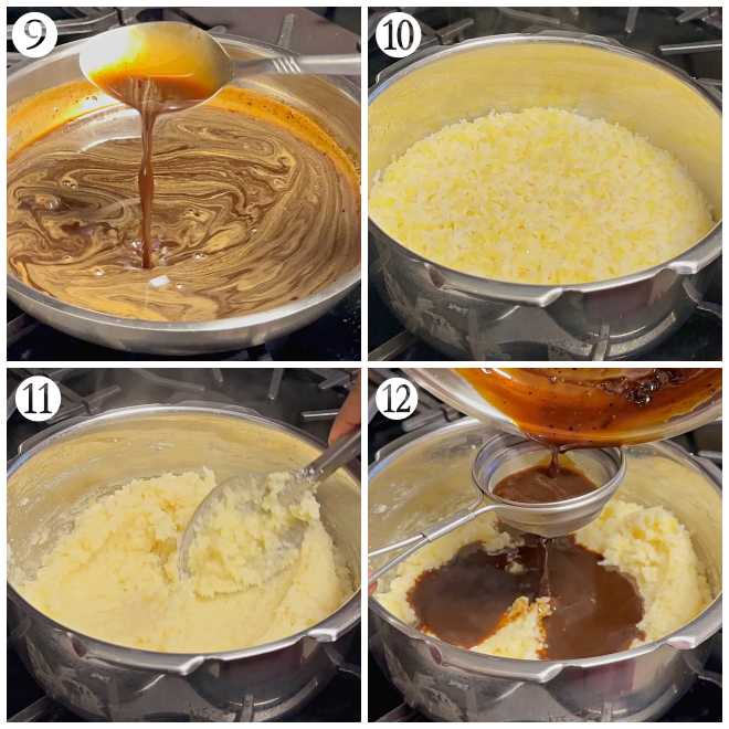 collage of melted jaggery, cooked rice and dal and the process of filtering and adding the melted jaggery to cooked and mashed ingredients
