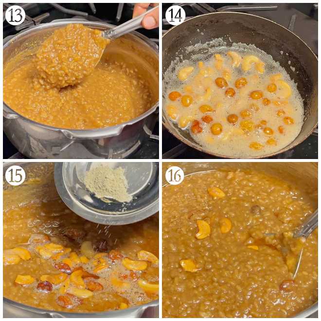 process shots of mixing jaggery water with cooked ingredients and adding fried cashew nuts, raisins and cardamom powder to pongal
