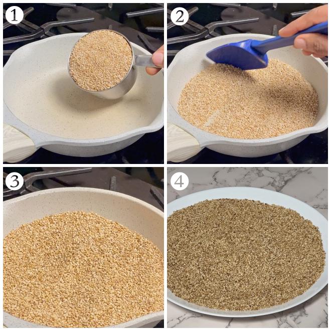 the collage shows the process shots of roasting white sesame seeds until it changes colour and cool down on a plate