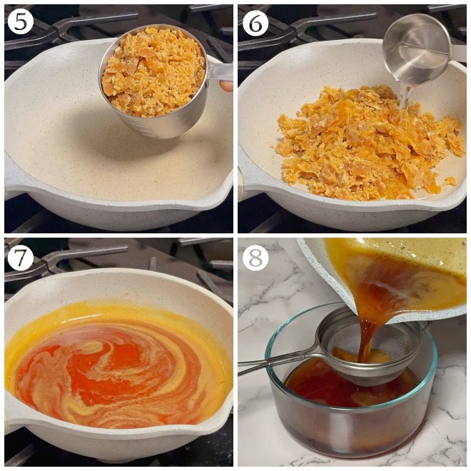 collage shows the process of melting jaggery, making syrup and filtering to remove impurities