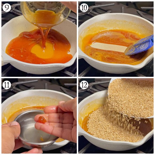 process shots of checking the jaggery syrup's soft ball consistency and adding the roasted sesame to it