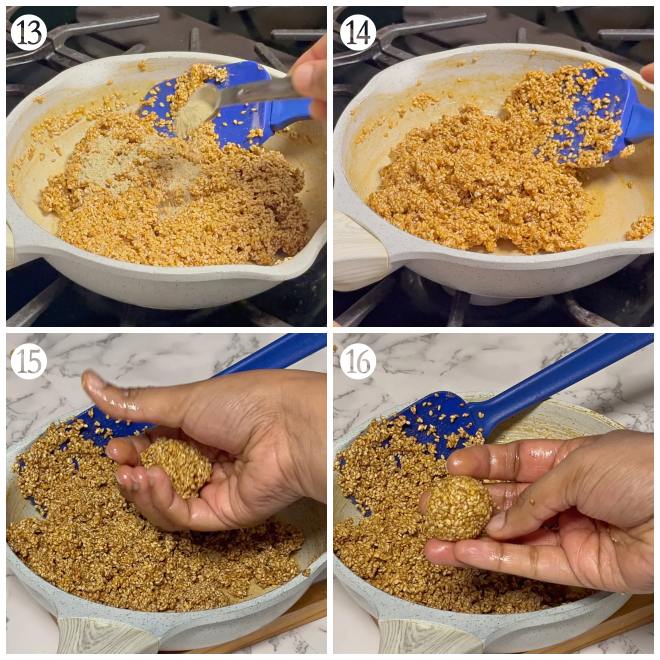 process shots of adding cardamom powder, mixing the sesame with jaggery syrup and making laddus out of it