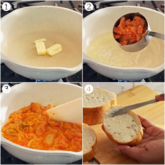 a collage shows the process of melting the butter in a pan, adding and sauteing kimichi and spreading the butter on bread slices