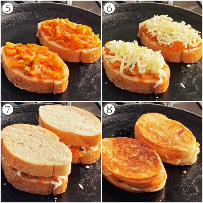collage shows the pictures of topping kimichi, spreading the cheese and covering it with another slice of bread and grilling the bread slices