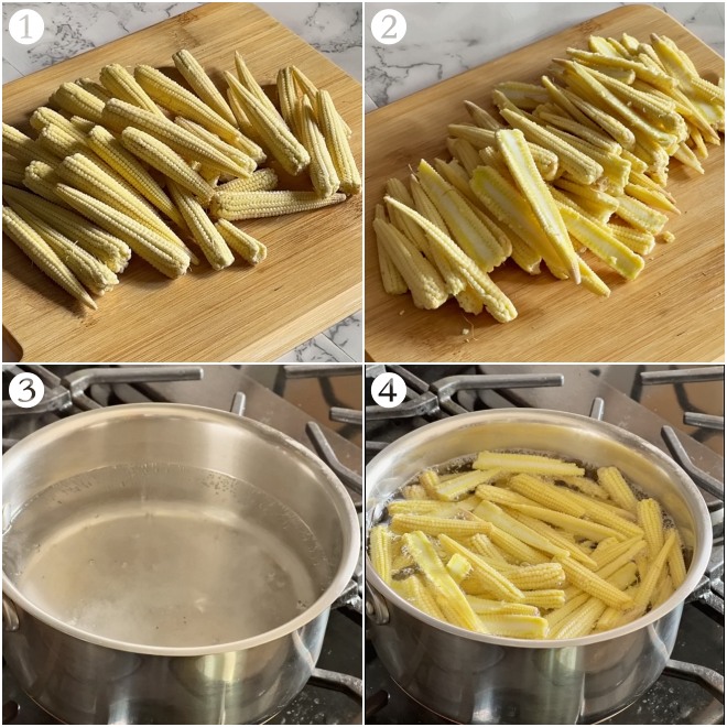 collage pictures of fresh baby corn, slited baby corn, boiling water in a saucepan and cooking the baby corn in the saucepan