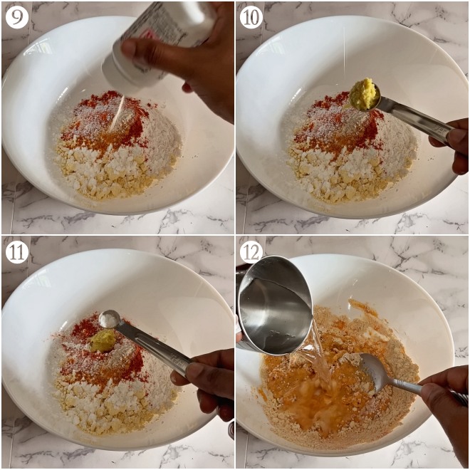 collage showing the process of adding asafoetida, ginger garlic paste, baking soda and water to a bowl