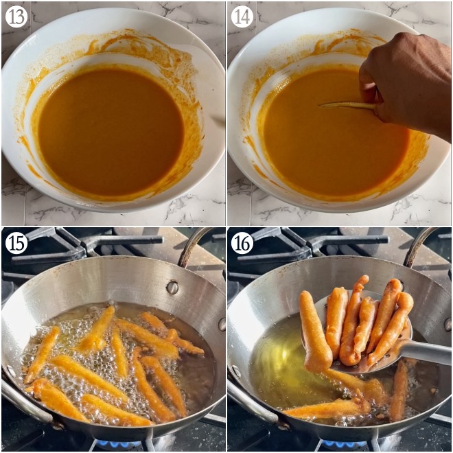 picture collage of bajji batter in bowl, dipping the babycorn into it, deep frying the baby corn in oil and removing them from oil